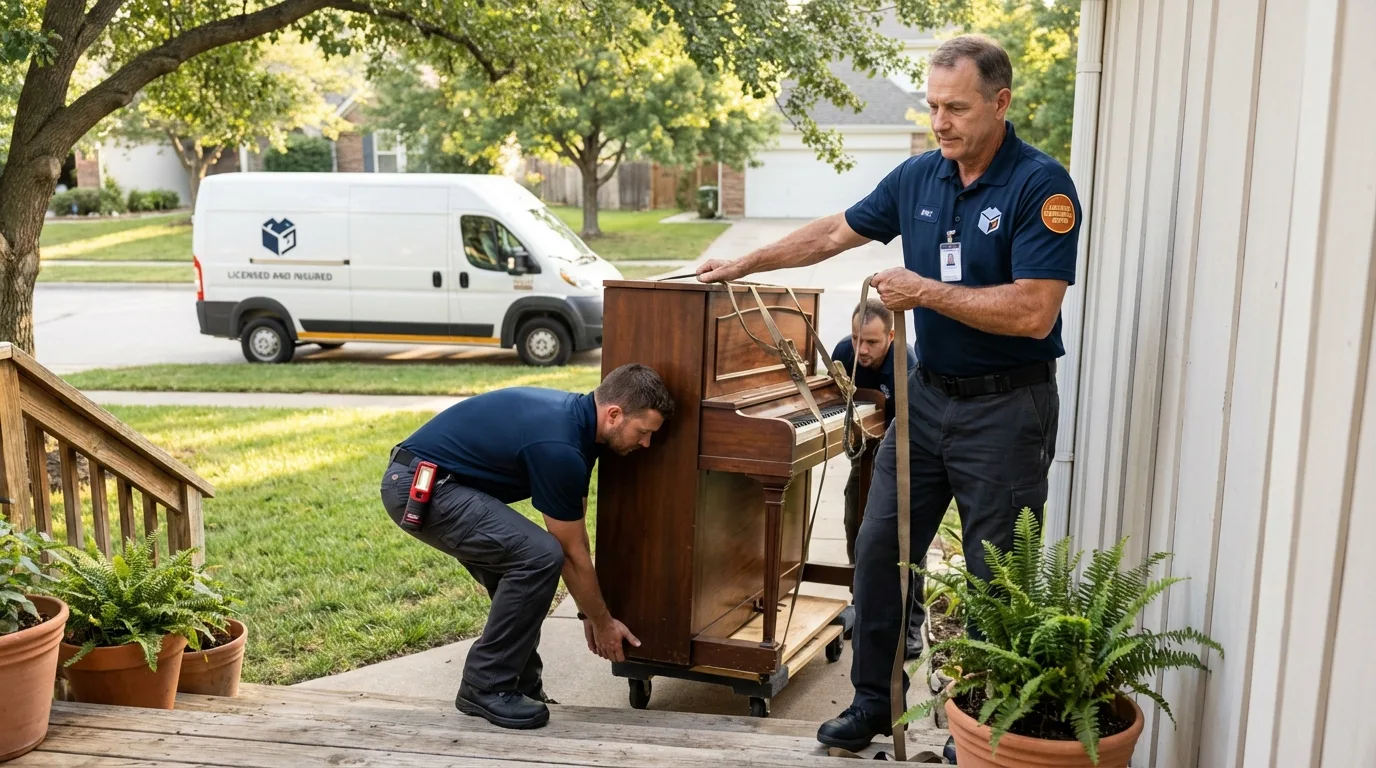 Licensed piano movers securing grand piano in Granville, MA