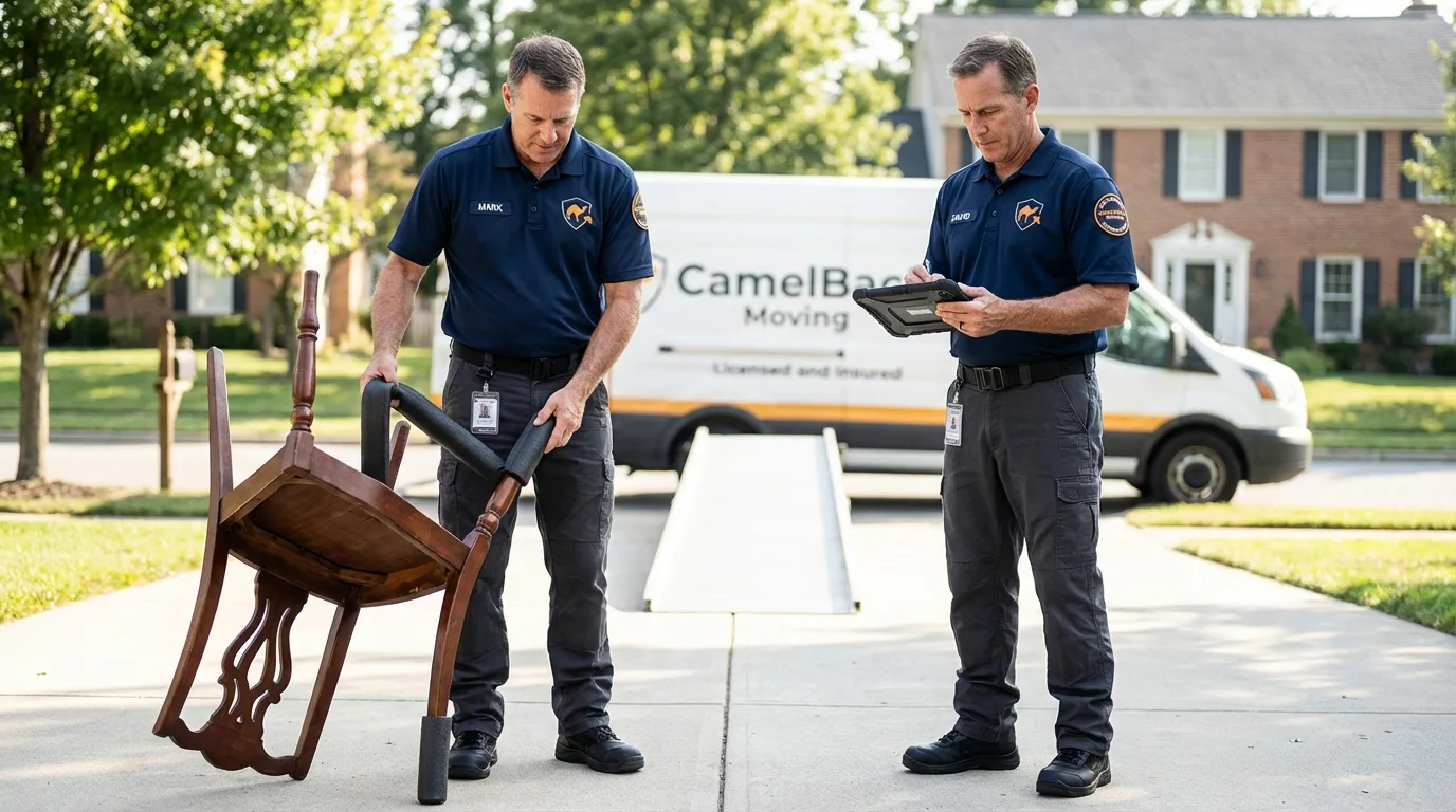 Movers inspecting furniture for damage prevention before loading in Granville, MA