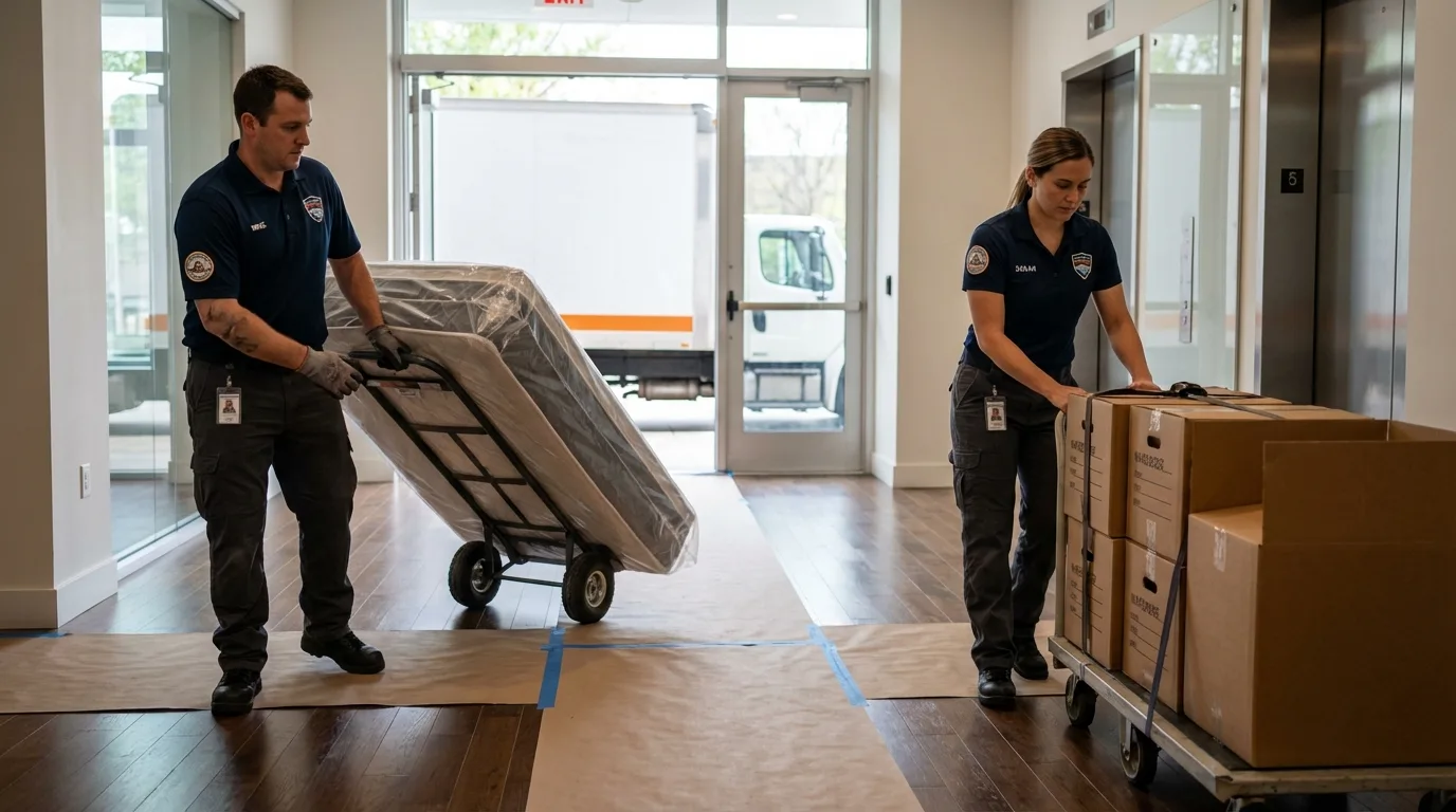 Professional apartment movers loading elevator in Granville, MA